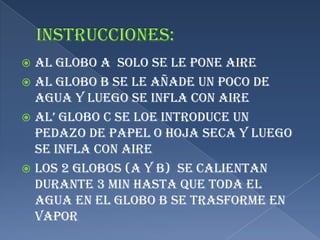 Instrucciones:Al globo A  solo se le pone aireAl globo B se le añade un poco de agua y luego se infla con aire Al’ globo C se loe introduce un pedazo de papel o hoja seca y luego se infla con aireLos 2 globos (A Y B)  se calientan durante 3 min hasta que toda el agua en el globo B se trasforme en vapor 