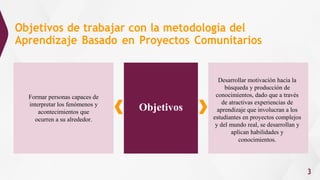 Objetivos de trabajar con la metodología del
Aprendizaje Basado en Proyectos Comunitarios
3
Formar personas capaces de
int...