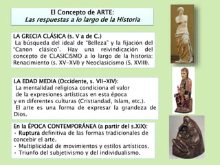 El Concepto de ARTE: 
Las respuestas a lo largo de la Historia 
LA GRECIA CLÁSICA (s. V a de C.) 
La búsqueda del ideal de “Belleza” y la fijación del 
“Canon clásico”. Hay una reivindicación del 
concepto de CLASICISMO a lo largo de la historia: 
Renacimiento (s. XV-XVI) y Neoclasicismo (S. XVIII). 
LA EDAD MEDIA (Occidente, s. VII-XIV): 
La mentalidad religiosa condiciona el valor 
de la expresiones artísticas en esta época 
y en diferentes culturas (Cristiandad, Islam, etc.). 
El arte es una forma de expresar la grandeza de 
Dios. 
En la ÉPOCA CONTEMPORÁNEA (a partir del s.XIX): 
• Ruptura definitiva de las formas tradicionales de 
concebir el arte. 
• Multiplicidad de movimientos y estilos artísticos. 
• Triunfo del subjetivismo y del individualismo. 
 