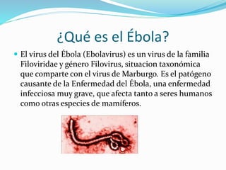 ¿Qué es el Ébola?
 El virus del Ébola (Ebolavirus) es un virus de la familia
Filoviridae y género Filovirus, situacion taxonómica
que comparte con el virus de Marburgo. Es el patógeno
causante de la Enfermedad del Ébola, una enfermedad
infecciosa muy grave, que afecta tanto a seres humanos
como otras especies de mamíferos.
 