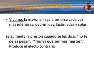  Social: pretende aislar al joven del resto del grupo y compañeros.Danza circularBulyMientras el poder se va pasando de unos a otros todos son dañadosEl buly se siente apoyado por el grupo, nunca se plantea como ayudarlo a salir de ahíbullyinggrupoVíctima