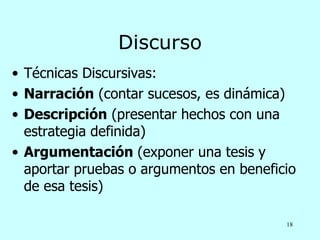 Discurso
• Técnicas Discursivas:
• Narración (contar sucesos, es dinámica)
• Descripción (presentar hechos con una
  estrategia definida)
• Argumentación (exponer una tesis y
  aportar pruebas o argumentos en beneficio
  de esa tesis)

                                         18
 