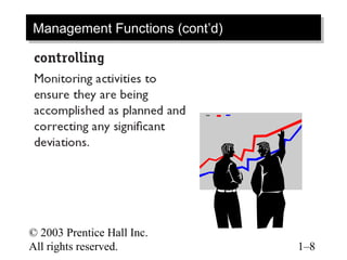 © 2003 Prentice Hall Inc.
All rights reserved. 1–8
Management Functions (cont’d)Management Functions (cont’d)
 