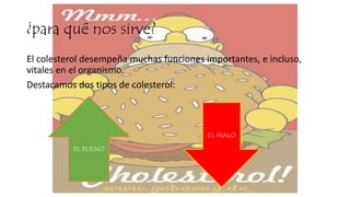 ¿para qué nos sirve?
El colesterol desempeña muchas funciones importantes, e incluso,
vitales en el organismo.
Destacamos dos tipos de colesterol:
EL BUENO
EL MALO
 