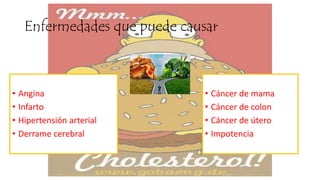 Enfermedades que puede causar
• Angina
• Infarto
• Hipertensión arterial
• Derrame cerebral
• Cáncer de mama
• Cáncer de colon
• Cáncer de útero
• Impotencia
 
