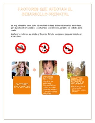 Es muy interesante saber cómo se desarrolla un bebé durante el embarazo de la madre, 
pero durante este embarazo se ven influencias en el ambiente, así como los cuidados de la 
madre. 
Los factores maternos que afectan el desarrollo del bebé son capaces de causar defectos en 
el nacimiento. 
FACTORES 
EMOCIOALES 
EMOCIONES 
NEGATIVAS 
•Debilita las 
defensas 
inmunológicas 
•Labio leporino 
•Paladar hendido 
•Complicaciones 
del parto 
PARA EVITAR 
EMOCIONES 
NEGATIVAS SE 
RECOMIENDA 
•Escuchar música 
instrumental 
•Sentarse a solas y 
meditar 
 