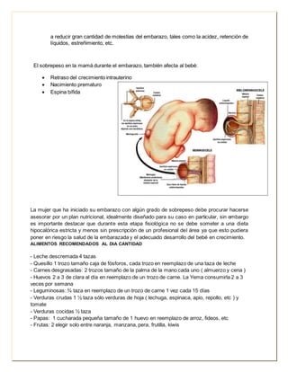 a reducir gran cantidad de molestias del embarazo, tales como la acidez, retención de 
líquidos, estreñimiento, etc. 
El sobrepeso en la mamá durante el embarazo, también afecta al bebé: 
 Retraso del crecimiento intrauterino 
 Nacimiento prematuro 
 Espina bífida 
La mujer que ha iniciado su embarazo con algún grado de sobrepeso debe procurar hacerse 
asesorar por un plan nutricional, idealmente diseñado para su caso en particular, sin embargo 
es importante destacar que durante esta etapa fisiológica no se debe someter a una dieta 
hipocalórica estricta y menos sin prescripción de un profesional del área ya que esto pudiera 
poner en riesgo la salud de la embarazada y el adecuado desarrollo del bebé en crecimiento. 
ALIMENTOS RECOMENDADOS AL DIA CANTIDAD 
- Leche descremada 4 tazas 
- Quesillo 1 trozo tamaño caja de fósforos, cada trozo en reemplazo de una taza de leche 
- Carnes desgrasadas: 2 trozos tamaño de la palma de la mano cada uno ( almuerzo y cena ) 
- Huevos 2 a 3 de clara al día en reemplazo de un trozo de carne. La Yema consumirla 2 a 3 
veces por semana 
- Leguminosas: ¾ taza en reemplazo de un trozo de carne 1 vez cada 15 días 
- Verduras crudas 1 ½ taza sólo verduras de hoja ( lechuga, espinaca, apio, repollo, etc ) y 
tomate 
- Verduras cocidas ½ taza 
- Papas: 1 cucharada pequeña tamaño de 1 huevo en reemplazo de arroz, fideos, etc 
- Frutas: 2 elegir solo entre naranja, manzana, pera, frutilla, kiwis 
 