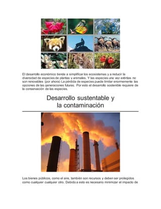 El desarrollo económico tiende a simplificar los ecosistemas y a reducir la 
diversidad de especies de plantas y animales. Y las especies una vez extintas no 
son renovables (por ahora) La pérdida de especies puede limitar enormemente las 
opciones de las generaciones futuras. Por esto el desarrollo sostenible requiere de 
la conservación de las especies. 
Desarrollo sustentable y 
la contaminación 
Los bienes públicos, como el aire, también son recursos y deben ser protegidos 
como cualquier cualquier otro. Debido a esto es necesario minimizar el impacto de 
 