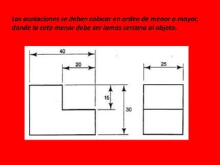 Las acotaciones se deben colocar en orden de menor a mayor,
donde la cota menor debe ser lamas cercana al objeto.
 