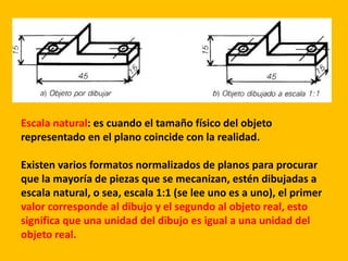 Escala natural: es cuando el tamaño físico del objeto
representado en el plano coincide con la realidad.
Existen varios formatos normalizados de planos para procurar
que la mayoría de piezas que se mecanizan, estén dibujadas a
escala natural, o sea, escala 1:1 (se lee uno es a uno), el primer
valor corresponde al dibujo y el segundo al objeto real, esto
significa que una unidad del dibujo es igual a una unidad del
objeto real.
 