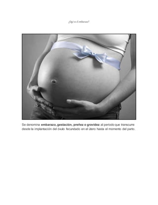 ¿Qué es el embarazo?
Se denomina embarazo, gestación, preñez o gravidez al periodo que transcurre
desde la implantación del óvulo fecundado en el útero hasta el momento del parto.
 