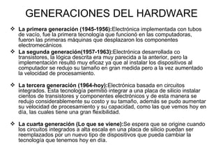 GENERACIONES DEL HARDWARE La primera generación (1945-1956): Electrónica implementada con tubos de vacío, fue la primera tecnología que funcionó en las computadoras, fueron las primeras máquinas que desplazaron los componentes electromecánicos . La segunda generación(1957-1963): Electrónica desarrollada co transistores, la lógica descrita era muy parecida a la anterior, pero la implementación resultó muy eficaz ya que al instalar los dispositivos al computador se redujo su tamaño en gran medida pero a la vez aumentado la velocidad de procesamiento. La tercera generación (1964-hoy): Electrónica basada en circuitos integrados. Esta tecnología permitió integrar a una placa de silicio instalar cientos de transistores y componentes electrónicos y de esta manera se redujo considerablemente su costo y su tamaño, además se pudo aumentar su velocidad de procesamiento y su capacidad, como las que vemos hoy en día, las cuales tiene una gran flexibilidad. La cuarta generación (Lo que se viene): Se espera que se origine cuando los circuitos integrados a alta escala en una placa de silicio puedan ser reemplazados por un nuevo tipo de dispositivos que pueda cambiar la tecnología que tenemos hoy en día.  