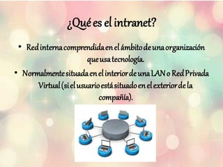 ¿Quées elintranet?
• Redinternacomprendidaenelámbitodeunaorganización
queusatecnología.
• NormalmentesituadaenelinteriordeunaLANo RedPrivada
Virtual(sielusuarioestásituadoenelexteriordela
compañía).
