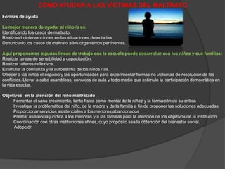 CÓMO AYUDAR A LAS VÍCTIMAS DEL MALTRATOFormas de ayudaLa mejor manera de ayudar al niño /a es:Identificando los casos de maltrato.Realizando intervenciones en las situaciones detectadasDenunciado los casos de maltrato a los organismos pertinentes.Aquí proponemos algunas líneas de trabajo que la escuela puede desarrollar con los niños y sus familias:Realizar tareas de sensibilidad y capacitación.Realizar talleres reflexivos.Estimular la confianza y la autoestima de los niños / as.Ofrecer a los niños el espacio y las oportunidades para experimentar formas no violentas de resolución de los conflictos. Llevar a cabo asambleas, consejos de aula y todo medio que estimule la participación democrática en la vida escolar.Objetivos  en la atención del niño maltratadoFomentar el sano crecimiento, tanto físico como mental de la niñez y la formación de su críticaInvestigar la problemática del niño, de la madre y de la familia a fin de proponer las soluciones adecuadas.Proporcionar servicios asistenciales a los menores abandonadosPrestar asistencia jurídica a los menores y a las familias para la atención de los objetivos de la instituciónCoordinación con otras instituciones afines, cuyo propósito sea la obtención del bienestar social.          Adopción