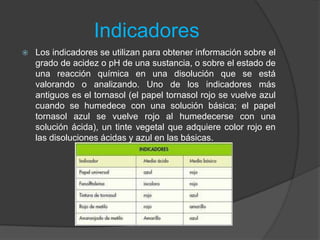 Indicadores
 Los indicadores se utilizan para obtener información sobre el
grado de acidez o pH de una sustancia, o sobre el estado de
una reacción química en una disolución que se está
valorando o analizando. Uno de los indicadores más
antiguos es el tornasol (el papel tornasol rojo se vuelve azul
cuando se humedece con una solución básica; el papel
tornasol azul se vuelve rojo al humedecerse con una
solución ácida), un tinte vegetal que adquiere color rojo en
las disoluciones ácidas y azul en las básicas.
 