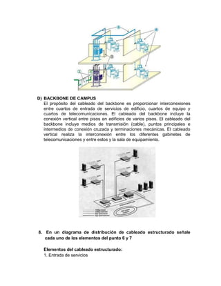 D) BACKBONE DE CAMPUS
   El propósito del cableado del backbone es proporcionar interconexiones
   entre cuartos de entrada de servicios de edificio, cuartos de equipo y
   cuartos de telecomunicaciones. El cableado del backbone incluye la
   conexión vertical entre pisos en edificios de varios pisos. El cableado del
   backbone incluye medios de transmisión (cable), puntos principales e
   intermedios de conexión cruzada y terminaciones mecánicas. El cableado
   vertical realiza la interconexión entre los diferentes gabinetes de
   telecomunicaciones y entre estos y la sala de equipamiento.




8. En un diagrama de distribución de cableado estructurado señale
   cada uno de los elementos del punto 6 y 7

   Elementos del cableado estructurado:
   1. Entrada de servicios
 