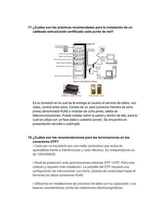 17. ¿Cuáles son las prácticas recomendadas para la instalación de un
    cableado estructurado certificado cada punto de red?




   Es la conexión en la cual se le entrega al usuario el servicio de datos, voz,
   video, control entre otros. Consta de un Jack (conector hembra de ocho
   pines) denominado RJ45 o modular de ocho pines, salida de
   telecomunicaciones. Puede instalar sobre la pared y dentro de ella, para lo
   cual se utiliza con un fase plata o cubierta (cover). Se encuentra en
   presentación sencilla o cuádruple.



18. ¿Cuáles son las recomendaciones para las terminaciones en los
    conectores UTP?
    - Cada par va recubierto por una malla conductora que actúa de
    apantallada frente a interferencias y ruido eléctrico. Su independencia es
    de 150OHMIOS.

   - Nivel de protección ante perturbaciones externas STP >UTP. Pero más
   costoso y requiere más instalación. La pantalla del STP requiere una
   configuración de interconexión con tierra, (dotada de continuidad hasta el
   terminal) se utiliza conectores RJ49.

   - Utilizando en instalaciones de procesos de datos por su capacidad y sus
   buenas características contra las radiaciones electromagnéticas.
 