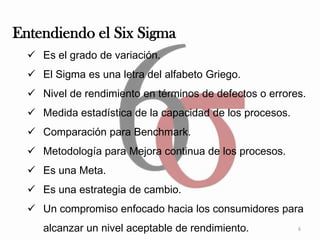 Entendiendo el Six Sigma
   Es el grado de variación.
   El Sigma es una letra del alfabeto Griego.
   Nivel de rendimiento en términos de defectos o errores.
   Medida estadística de la capacidad de los procesos.
   Comparación para Benchmark.
   Metodología para Mejora continua de los procesos.
   Es una Meta.
   Es una estrategia de cambio.
   Un compromiso enfocado hacia los consumidores para
     alcanzar un nivel aceptable de rendimiento.          6
 
