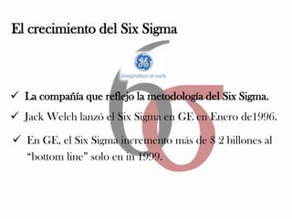El crecimiento del Six Sigma



 La compañía que reflejo la metodología del Six Sigma.
 Jack Welch lanzó el Six Sigma en GE en Enero de1996.

 En GE, el Six Sigma incremento más de $ 2 billones al
  “bottom line” solo en in 1999.
 