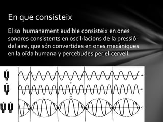 En que consisteix
El so humanament audible consisteix en ones
sonores consistents en oscil·lacions de la pressió
del aire, que són convertides en ones mecàniques
en la oïda humana y percebudes per el cervell.

 