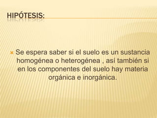 HIPÓTESIS:



   Se espera saber si el suelo es un sustancia
    homogénea o heterogénea , así también si
    en los componentes del suelo hay materia
              orgánica e inorgánica.
 