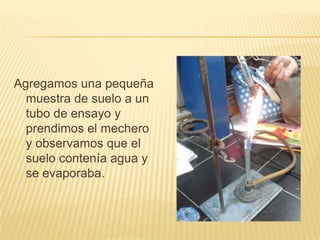 Agregamos una pequeña
  muestra de suelo a un
  tubo de ensayo y
  prendimos el mechero
  y observamos que el
  suelo contenía agua y
  se evaporaba.
 