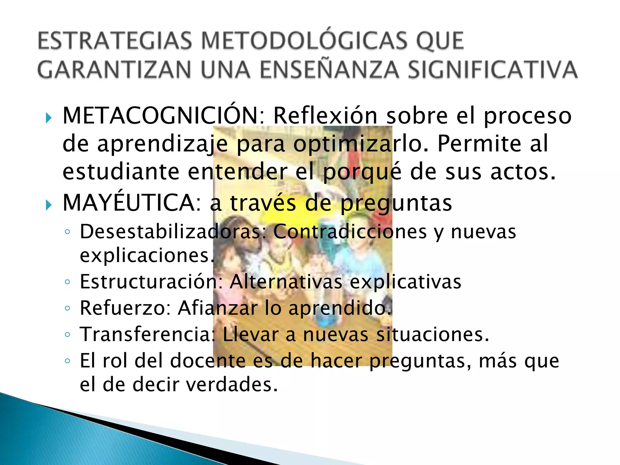 Desarrollo intelectual relacionado con el desarrollo biológico.Cuatro períodos importantes:Sensomotor desde el nacimiento hasta los dos años: Inteligencia práctica antes que el lenguaje. Permanencia del objeto y construcción del espacio próximo.Pre operacional (representativo), entre los dos y siete años: Inteligencia representativa, empieza el desarrollo de nociones como volumen, espacio y tiempo.Operaciones concretas entre los siete y once años:  Operaciones que exigen reversibilidad. Operaciones formales o de pensamiento hipotético deductivo de los once años en adelante:  Lógica formal y el pensamiento una forma hipotética deductiva.ETAPAS DEL DESARROLLO COGNITIVO
