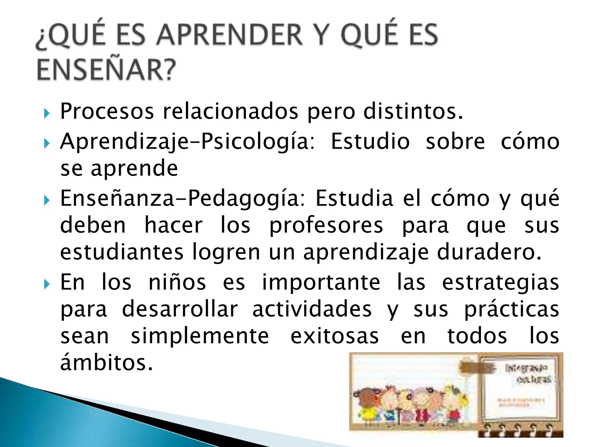 Procesos relacionados pero distintos.Aprendizaje–Psicología: Estudio sobre cómo se aprendeEnseñanza-Pedagogía: Estudia el cómo y qué deben hacer los profesores para que sus estudiantes logren un aprendizaje duradero.En los niños es importante las estrategias para desarrollar actividades y sus prácticas sean simplemente exitosas en todos los ámbitos.¿QUÉ ES APRENDER Y QUÉ ES ENSEÑAR?