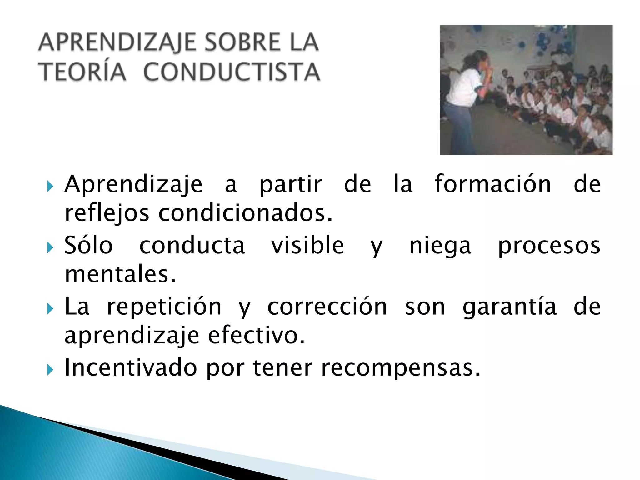 Aprendizaje a partir de la formación de reflejos condicionados.Sólo conducta visible y niega procesos mentales.La repetición y corrección son garantía de aprendizaje efectivo.Incentivado por tener recompensas. APRENDIZAJE SOBRE LA TEORÍA  CONDUCTISTA