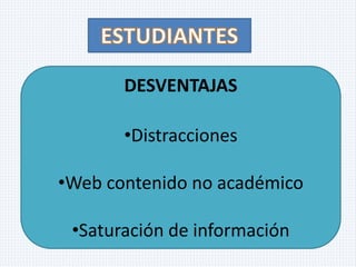 DESVENTAJAS 
•Distracciones 
•Web contenido no académico 
•Saturación de información 
 