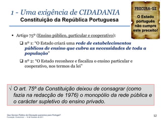 1 - Uma exigência de CIDADANIA                                               O Estado
                Constituição da República Portuguesa                             português
                                                                                não cumpre
                                                                               este preceito!
      Artigo 75º (Ensino público, particular e cooperativo):
                nº 1: “O Estado criará uma rede de estabelecimentos
                 públicos de ensino que cubra as necessidades de toda a
                 população”
                nº 2: “O Estado reconhece e fiscaliza o ensino particular e
                 cooperativo, nos termos da lei”




  √ O art. 75º da Constituição deixou de consagrar (como
    fazia na redacção de 1976) o monopólio da rede pública e
    o carácter supletivo do ensino privado.

Que Serviço Público de Educação queremos para Portugal?
Fundação Gulbenkian – 14 de Fevereiro de 2011
                                                                                          12
 