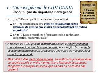 1 - Uma exigência de CIDADANIA                                           O Estado
                Constituição da República Portuguesa                         português
                                                                            não cumpre
  Artigo 75º (Ensino público, particular e cooperativo):                  este preceito!

            nº 1: “O Estado criará uma rede de estabelecimentos
             públicos de ensino que cubra as necessidades de toda a
             população”
            nº 2: “O Estado reconhece e fiscaliza o ensino particular e
             cooperativo, nos termos da lei”

√ A revisão de 1982 passou a impor ao Estado o reconhecimento
  dos estabelecimentos de ensino privado e a criação de uma rede
  escolar de estabelecimentos públicos que cubra as necessidades
  de toda a população.
√ Mas nada é dito, nem podia ser dito, no sentido de privilegiar esta
     ou aquela escola e, muito menos, tirar a liberdade às pessoas,
     obrigando à inscrição na escola que os pais ou os alunos não
     querem!
Que Serviço Público de Educação queremos para Portugal?
Fundação Gulbenkian – 14 de Fevereiro de 2011
                                                                                      13
 