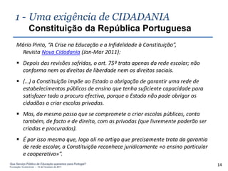 1 - Uma exigência de CIDADANIA
                Constituição da República Portuguesa
     Mário Pinto, “A Crise na Educação e a Infidelidade à Constituição”,
      Revista Nova Cidadania (Jan-Mar 2011):
      Depois das revisões sofridas, o art. 75º trata apenas da rede escolar; não
       conforma nem os direitos de liberdade nem os direitos sociais.
      (…) a Constituição impõe ao Estado a obrigação de garantir uma rede de
       estabelecimentos públicos de ensino que tenha suficiente capacidade para
       satisfazer toda a procura efectiva, porque o Estado não pode obrigar os
       cidadãos a criar escolas privadas.
      Mas, do mesmo passo que se compromete a criar escolas públicas, conta
       também, de facto e de direito, com as privadas (que livremente poderão ser
       criadas e procuradas).
      É por isso mesmo que, logo ali no artigo que precisamente trata da garantia
       de rede escolar, a Constituição reconhece juridicamente «o ensino particular
       e cooperativo»”.
Que Serviço Público de Educação queremos para Portugal?
Fundação Gulbenkian – 14 de Fevereiro de 2011
                                                                                      14
 