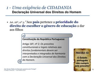 1 - Uma exigência de CIDADANIA
                Declaração Universal dos Direitos do Homem


      Art. 26º, nº 3: “Aos
                          pais pertence a prioridade do
           direito de escolher o género de educação a dar
           aos filhos

                                     Constituição da República Portuguesa:
                                     Artigo 16º, nº 2: Os preceitos
                                     constitucionais e legais relativos aos
                                     direitos fundamentais devem ser
                                     interpretados e integrados de harmonia
                                     com a Declaração Universal dos Direitos     O Estado
                                     do Homem.                                   português
                                                                                não cumpre
                                                                               este preceito!
Que Serviço Público de Educação queremos para Portugal?
Fundação Gulbenkian – 14 de Fevereiro de 2011
                                                                                                6
 