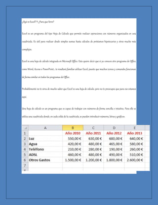 ¿Qué es Excel? Y ¿Para que Sirve?
Excel es un programa del tipo Hoja de Cálculo que permite realizar operaciones con números organizados en una
cuadrícula. Es útil para realizar desde simples sumas hasta cálculos de préstamos hipotecarios y otros mucho más
complejos.
Excel es una hoja de cálculo integrada en Microsoft Office. Esto quiere decir que si ya conoces otro programa de Office,
como Word, Access o PowerPoint… te resultará familiar utilizar Excel, puesto que muchos iconos y comandos funcionan
de forma similar en todos los programas de Office.
Probablemente no te sirva de mucho saber que Excel es una hoja de cálculo, pero no te preocupes que para eso estamos
aquí.
Una hoja de cálculo es un programa que es capaz de trabajar con números de forma sencilla e intuitiva. Para ello se
utiliza una cuadrícula donde, en cada celda de la cuadrícula, se pueden introducir números, letras y gráficos.
 