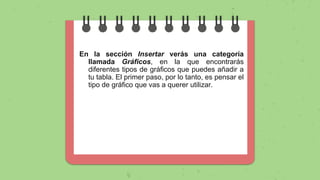 En la sección Insertar verás una categoría
llamada Gráficos, en la que encontrarás
diferentes tipos de gráficos que puedes añadir a
tu tabla. El primer paso, por lo tanto, es pensar el
tipo de gráfico que vas a querer utilizar.
 