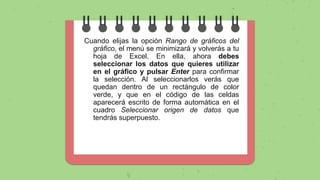 Cuando elijas la opción Rango de gráficos del
gráfico, el menú se minimizará y volverás a tu
hoja de Excel. En ella, ahora debes
seleccionar los datos que quieres utilizar
en el gráfico y pulsar Enter para confirmar
la selección. Al seleccionarlos verás que
quedan dentro de un rectángulo de color
verde, y que en el código de las celdas
aparecerá escrito de forma automática en el
cuadro Seleccionar origen de datos que
tendrás superpuesto.
 