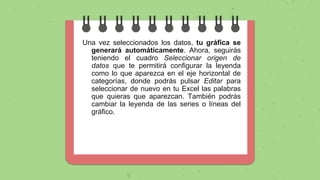 Una vez seleccionados los datos, tu gráfica se
generará automáticamente. Ahora, seguirás
teniendo el cuadro Seleccionar origen de
datos que te permitirá configurar la leyenda
como lo que aparezca en el eje horizontal de
categorías, donde podrás pulsar Editar para
seleccionar de nuevo en tu Excel las palabras
que quieras que aparezcan. También podrás
cambiar la leyenda de las series o líneas del
gráfico.
 