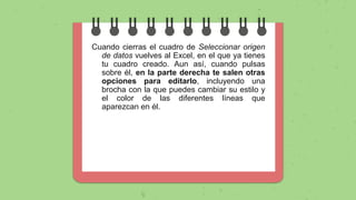 Cuando cierras el cuadro de Seleccionar origen
de datos vuelves al Excel, en el que ya tienes
tu cuadro creado. Aun así, cuando pulsas
sobre él, en la parte derecha te salen otras
opciones para editarlo, incluyendo una
brocha con la que puedes cambiar su estilo y
el color de las diferentes líneas que
aparezcan en él.
 
