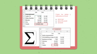 Copiar las tablas y
realizarlas en Excel
 RESTAR
 MULTIPLICAR
 DIVIDIR
 