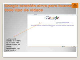 Google también sirve para buscar
todo tipo de videos




Aquí puedes
escribir el nombre
de tu video y te
buscara todos los
videos
relacionados con
ese nombre
 