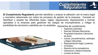 El Cumplimiento Regulatorio permite identificar y evaluar la adhesión con el marco legal
y normativo relacionado con todos los procesos de gestión de la empresa. Consiste en
identificar y aceptar las diferentes leyes, reglas, regulaciones, disposiciones y normas
aplicables a la empresa para gestionar los riesgos de incumplimiento, y mitigar la
posibilidad de sanciones o pérdidas por no acatarlas.
Cumplimiento
Regulatorio
Elementos de cumplimiento:
• Aspectos Laborales.
• Normas Oficiales Mexicanas.
• Propiedad Industrial y Derechos
de Autor.
• Juicios, procedimientos, arbitrajes
y litigios relevantes.
• Representación legal y poderes.
• Contratos.
• Derecho de la competencia.
• Urbanismo y Medio Ambiente.
• Lavado de dinero.
 