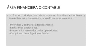 • La función principal del departamento financiero es obtener y
administrar los recursos monetarios de la empresa como es:
- Invertirlos y asignarlos adecuadamente.
- Registrar las operaciones.
- Presentar los resultados de las operaciones.
- Cumplir con las obligaciones fiscales
ÁREA FINANCIERA O CONTABLE
 