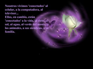 Nosotros vivimos 'conectados' al
celular, a la computadora, al
televisor...
Ellos, en cambio, están
'conectados' a la vida, al cielo, al
sol, al agua, al verde del monte, a
los animales, a sus siembras, a su
familia.
 