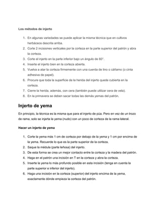 Los métodos de injerto
1. En algunas variedades se puede aplicar la misma técnica que en cultivos
herbáceos descrita arriba.
2. Corte 2 incisiones verticales por la corteza en la parte superior del patrón y abra
la corteza.
3. Corte el injerto en la parte inferior bajo un ángulo de 60°.
4. Inserte el injerto bien en la corteza abierta.
5. Vuelva a atar la corteza firmemente con una cuerda de lino o cáñamo (o cinta
adhesiva de papel).
6. Procure que toda la superficie de la herida del injerto quede cubierta en la
corteza.
7. Cierre la herida, además, con cera (también puede utilizar cera de vela).
8. En la primavera se deben sacar todas las demás yemas del patrón.
Injerto de yema
En principio, la técnica es la misma que para el injerto de púa. Pero en vez de un trozo
de rama, solo se injerta la yema (nudo) con un poco de corteza de la rama lateral.
Hacer un injerto de yema
1. Corte la yema más 1 cm de corteza por debajo de la yema y 1 cm por encima de
la yema. Recuerde lo que es la parte superior de la corteza.
2. Saque la médula (parte leñosa) del injerto.
3. De esta forma se crea un mejor contacto entre la corteza y la madera del patrón.
4. Haga en el patrón una incisión en T en la corteza y abra la corteza.
5. Inserte la yema lo más profundo posible en esta incisión (tenga en cuenta la
parte superior e inferior del injerto).
6. Haga una incisión en la corteza (superior) del injerto encima de la yema,
exactamente dónde empieza la corteza del patrón.
 