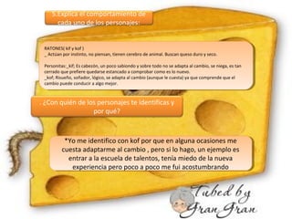 .
RATONES( kif y kof )
_ Actúan por instinto, no piensan, tienen cerebro de animal. Buscan queso duro y seco.
Personitas:_kif; Es cabezón, un poco sabiondo y sobre todo no se adapta al cambio, se niega, es tan
cerrado que prefiere quedarse estancado a comprobar como es lo nuevo.
_kof; Risueño, soñador, lógico, se adapta al cambio (aunque le cuesta) ya que comprende que el
cambio puede conducir a algo mejor.
RATONES( kif y kof )
_ Actúan por instinto, no piensan, tienen cerebro de animal. Buscan queso duro y seco.
Personitas:_kif; Es cabezón, un poco sabiondo y sobre todo no se adapta al cambio, se niega, es tan
cerrado que prefiere quedarse estancado a comprobar como es lo nuevo.
_kof; Risueño, soñador, lógico, se adapta al cambio (aunque le cuesta) ya que comprende que el
cambio puede conducir a algo mejor.
5.Explica el comportamiento de
cada uno de los personajes:
. ¿Con quién de los personajes te identificas y
por qué?
*Yo me identifico con kof por que en alguna ocasiones me
cuesta adaptarme al cambio , pero si lo hago, un ejemplo es
entrar a la escuela de talentos, tenía miedo de la nueva
experiencia pero poco a poco me fui acostumbrando
*Yo me identifico con kof por que en alguna ocasiones me
cuesta adaptarme al cambio , pero si lo hago, un ejemplo es
entrar a la escuela de talentos, tenía miedo de la nueva
experiencia pero poco a poco me fui acostumbrando
 
