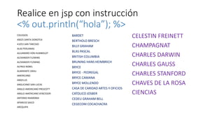 Realice en jsp con instrucción
<% out.println(“hola”); %>
COLEGIOS
40025 SANTA DOROTEA
41053 SAN TARCISIO
ALAS PERUANAS
AL...