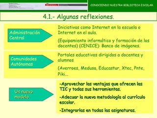 CONOCIENDO NUESTRA BIBLIOTECA ESCOLAR.



                 4.1.- Algunas reflexiones.
                      Iniciativas como Internet en la escuela o
Administración        Internet en el aula.
Central
                      (Equipamiento informático y formación de los
                      docentes) (CENICE): Banco de imágenes.

                      Portales educativos dirigidos a docentes y
Comunidades           alumnos
Autónomas
                      (Averroes, Medusa, Educastur, Xtec, Pnte,
                      Piki...

                       -Aprovechar las ventajas que ofrecen las
                       TIC y todas sus herramientas.
  Un nuevo
  modelo               -Adecuar la nueva metodología al currículo
                       escolar.
                       -Integrarlas en todas las asignaturas.
 