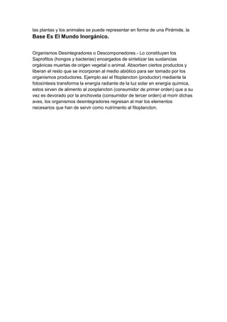 las plantas y los animales se puede representar en forma de una Pirámide, la

Base Es El Mundo Inorgánico.
Organismos Desintegradores o Descomponedores.- Lo constituyen los
Saprofitos (hongos y bacterias) encargados de sintetizar las sustancias
orgánicas muertas de origen vegetal o animal. Absorben ciertos productos y
liberan el resto que se incorporan al medio abiótico para ser tomado por los
organismos productores. Ejemplo así el fitoplancton (productor) mediante la
fotosíntesis transforma la energía radiante de la luz solar en energía química,
estos sirven de alimento al zooplancton (consumidor de primer orden) que a su
vez es devorado por la anchoveta (consumidor de tercer orden) al morir dichas
aves, los organismos desintegradores regresan al mar los elementos
necesarios que han de servir como nutrimento al fitoplancton.

 