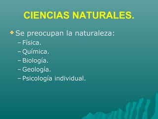 CIENCIAS NATURALES.
 Se preocupan la naturaleza:
– Física.
– Química.
– Biología.
– Geología.
– Psicología individual.
 